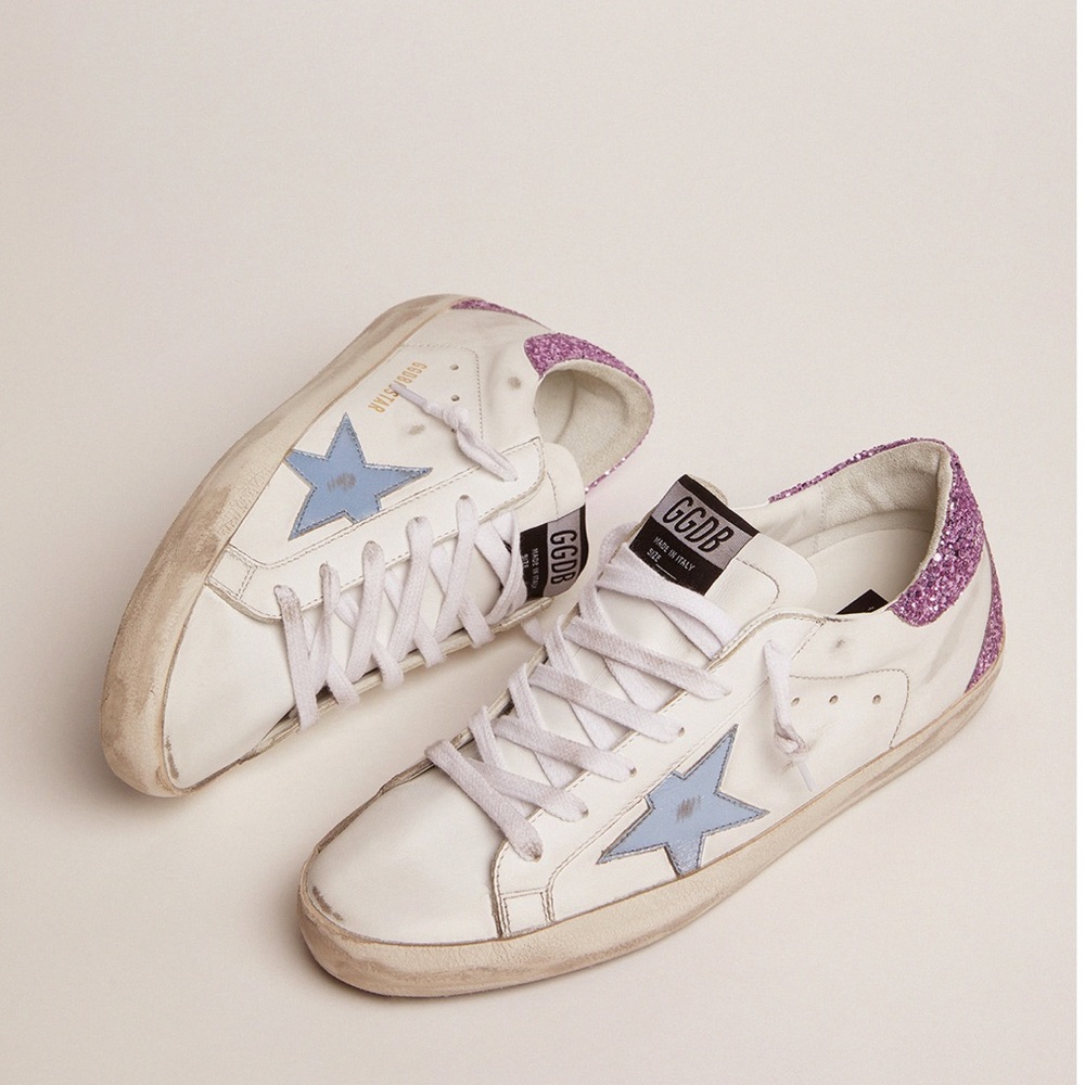 Golden Goose superstar sneakers w pink lavender glitter heel and light blue star